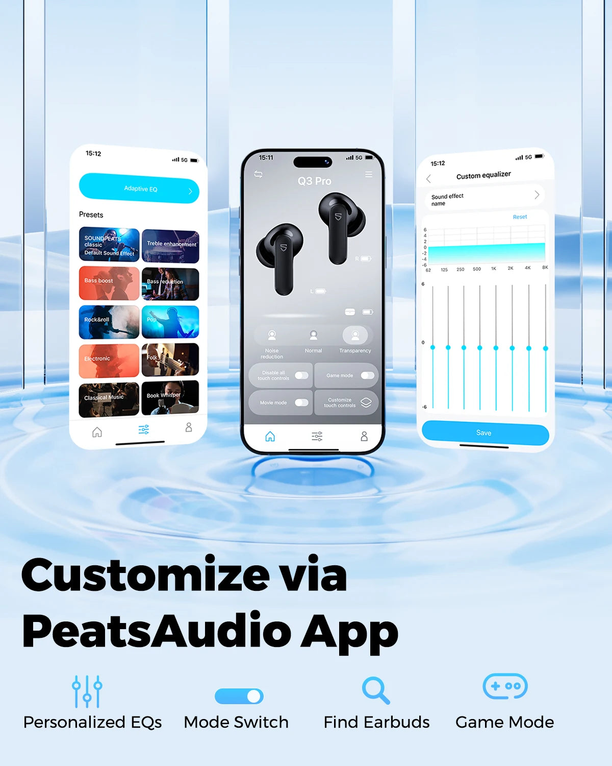 SoundPEATS Q3 pro Wireless Earbuds Active Noise Cancelling Bluetooth V6.0 Earphones with 4 Mic,13mm Driver,Multipoint Connection