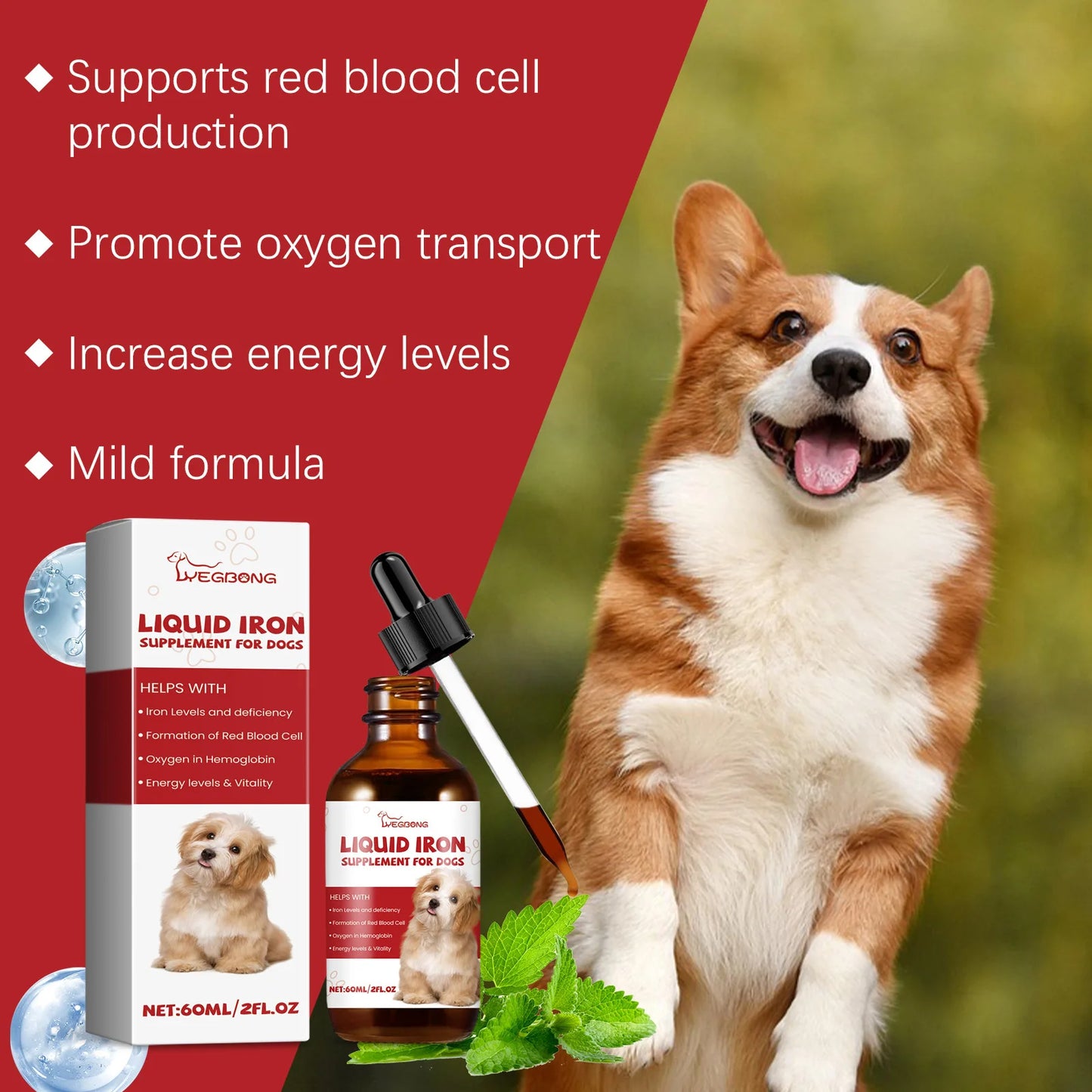 60ml Dog Iron Supplement Liquid Syrup – Gentle Fast-Absorb Boosts Hemoglobin, Red Blood Cell Count & Energy Vitality