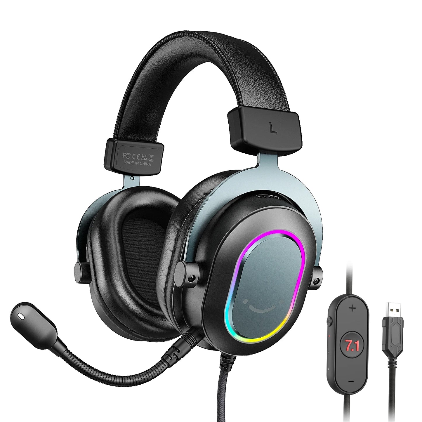 FIFINE USB Gaming Headset with 7.1 Surround Sound/Line Control/3EQ Mode,RGB Headphone with Mic,Plug and Play,for PC/PS5 -H6