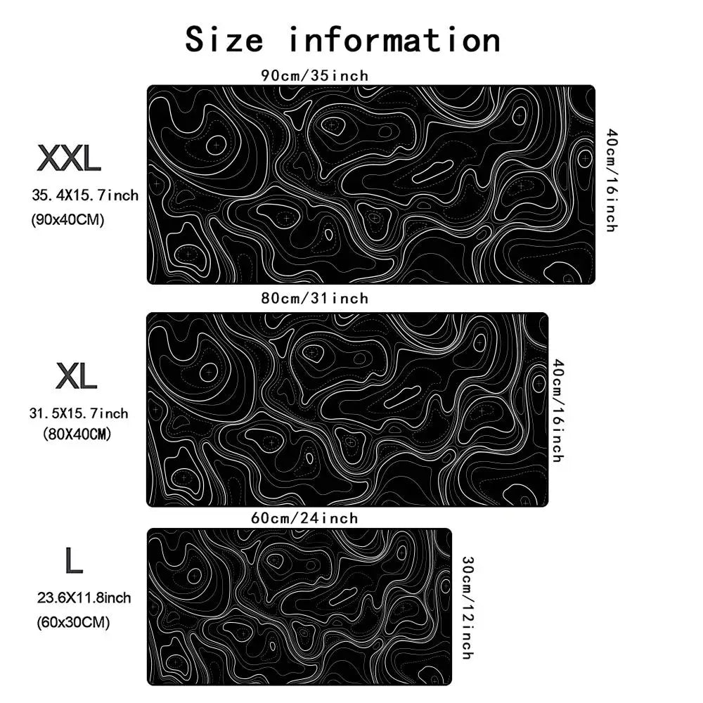 Black White Topographic Map Mouse Pad XXL Desktop Keyboard Table Pads Game Anti-slip Desk Mat Computer Accessories Long Mousepad