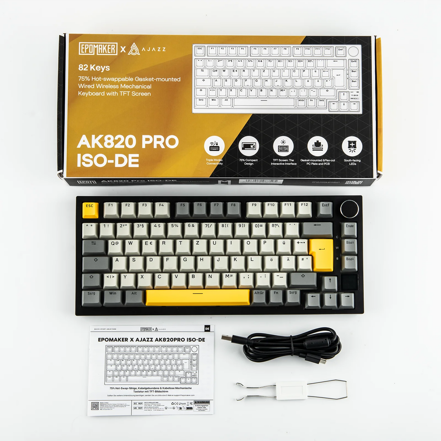 ISO-DE Layout AJAZZ AK820 PRO 75% QWERTZ German Layout Gasket Wired/Bluetooth/2.4G Wireless Mechanical Keyboard for Win/Mac