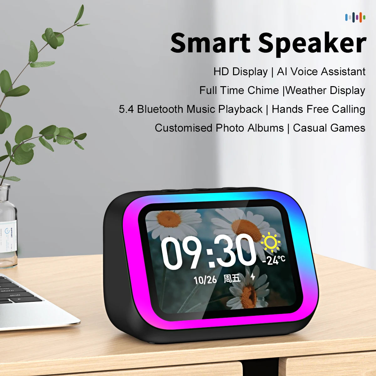 Smart Bluetooth Translator RGB Speaker 18 Languages Real-time Translation AI bluetooth 5.4 speaker with LCD display, game,alarm
