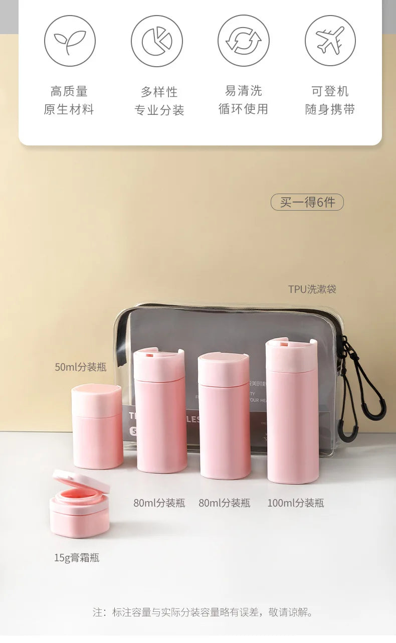 6pcs/Set Recyclable Travel Bottling Set Portable Color Lotion Cream Shampoo Empty Container TPU Wash Bag