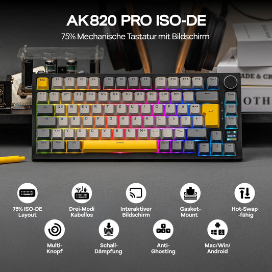 ISO-DE Layout AJAZZ AK820 PRO 75% QWERTZ German Layout Gasket Wired/Bluetooth/2.4G Wireless Mechanical Keyboard for Win/Mac