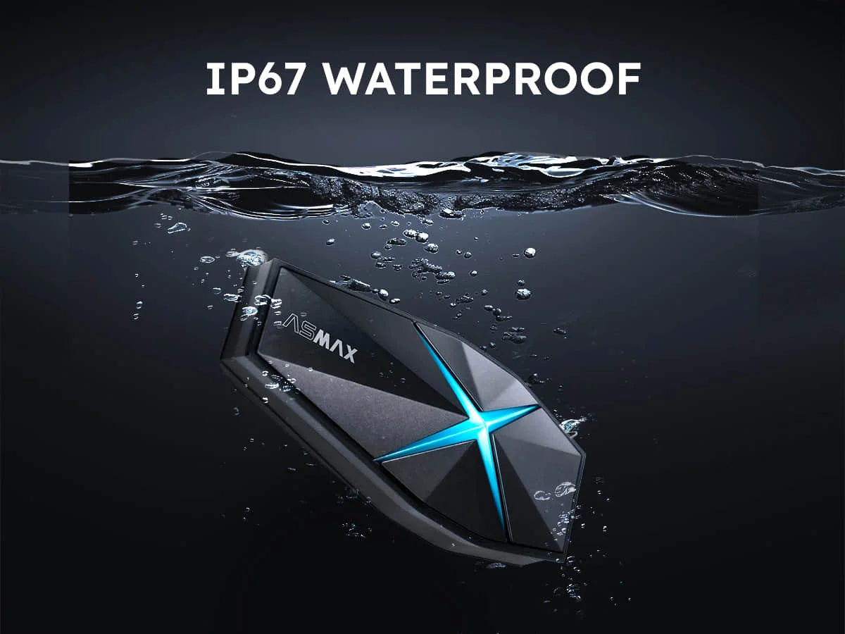 ASMAX F1 Bluetooth Motorcycle Intercom 10-Rider Group Communication, Voice Command, IP67 Waterproof, Hi-Fi Speakers, BT 5.3