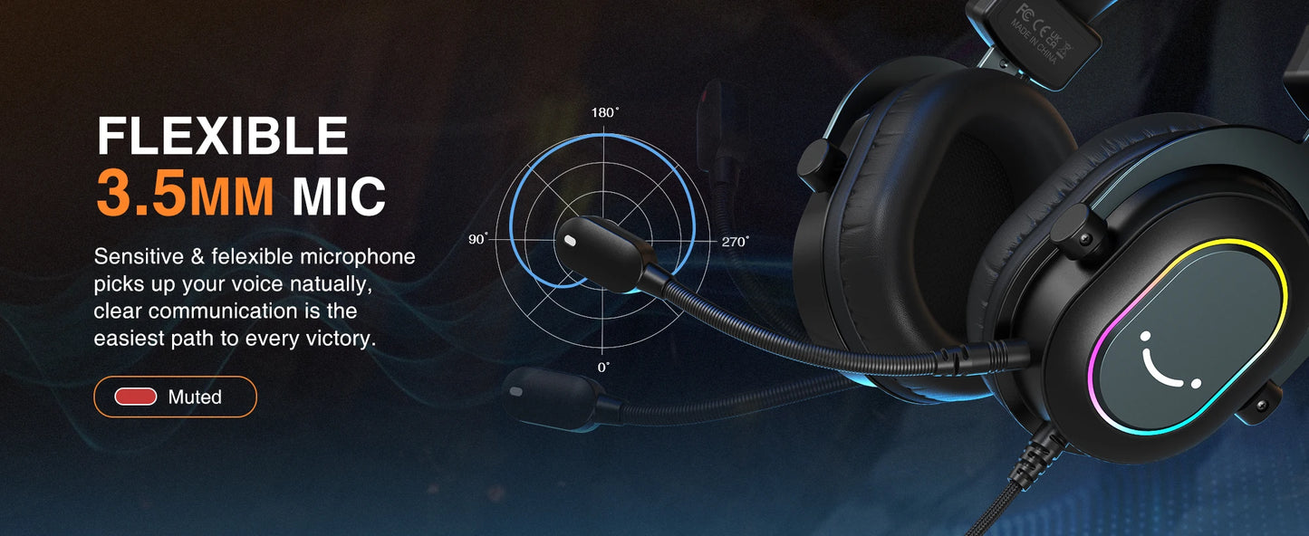 FIFINE USB Gaming Headset with 7.1 Surround Sound/Line Control/3EQ Mode,RGB Headphone with Mic,Plug and Play,for PC/PS5 -H6