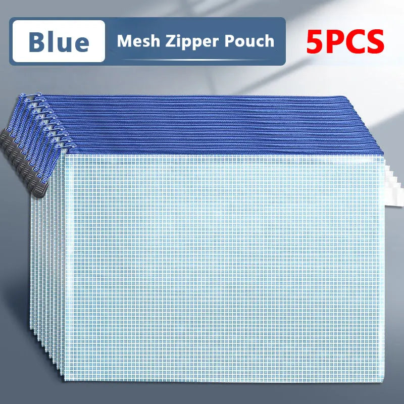 5PCS A3/A4/A5/A6 Mesh Zipper Pouch Document Bag Waterproof Zip File Folders Pencil Case Storage Bags School Office Supplies