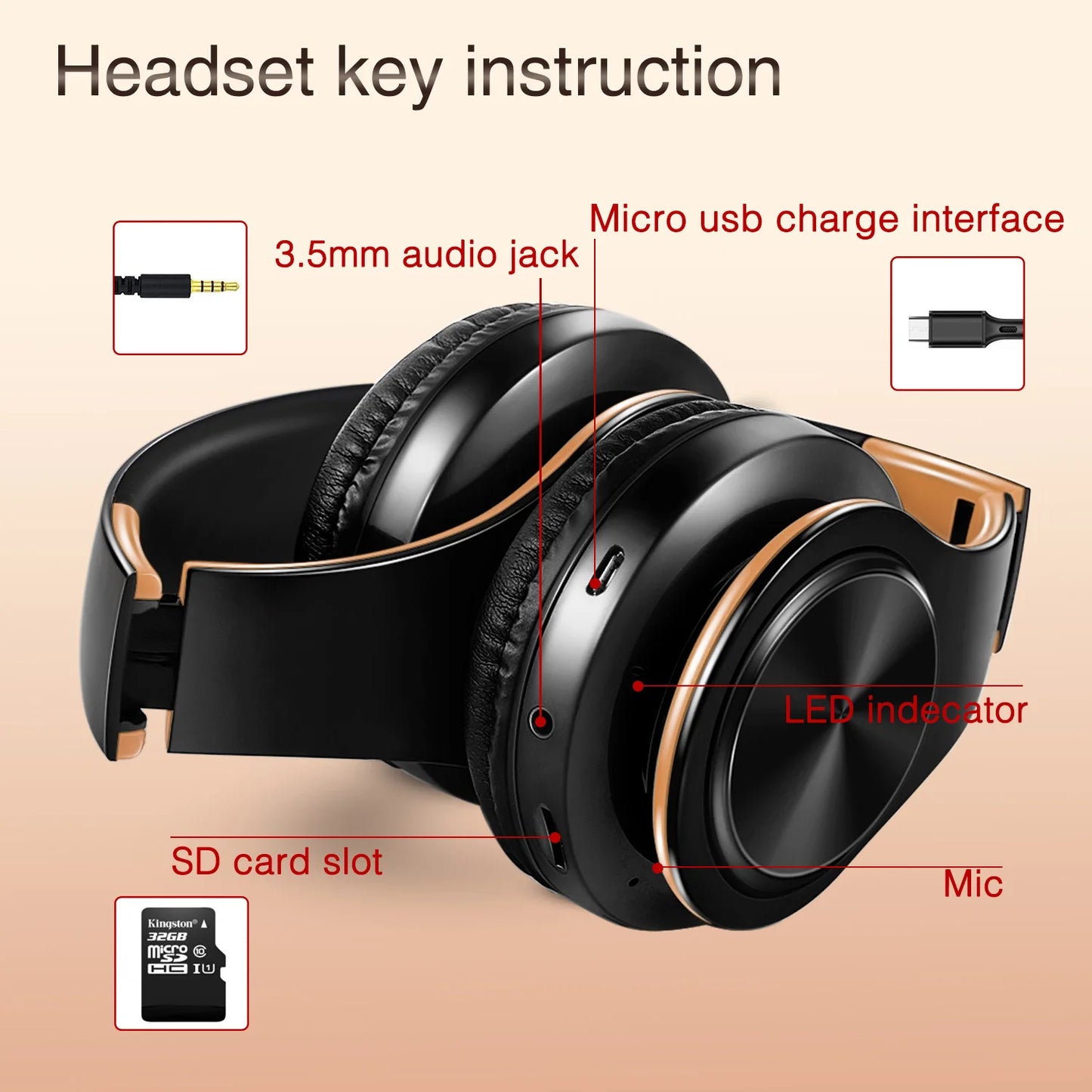 Men Gift Gold Wireless Headphones Bluetooth Earphone Stereo Headset Game with Build-in MIC with Universal for Android and iOS