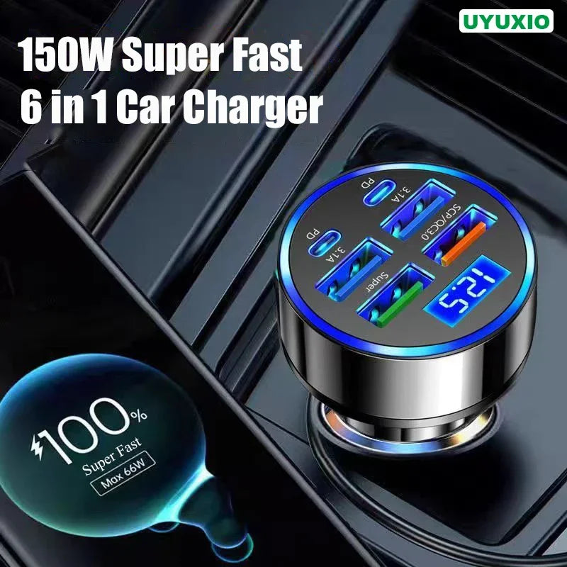 UYUXIO USB C Car Charger Adapter with Voltage Display 6 in 1 Super Fast in Car for iPhone 16 15 Pro Max Samsung Android Phone
