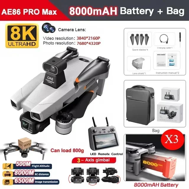 AE86 PRO MAX GPS Drone Professional 8K HD ESC Camera 5G FPV WiFi With 3-Axis Gimbal Flight 28 Minute Brushless RC Quadcopter 8KM