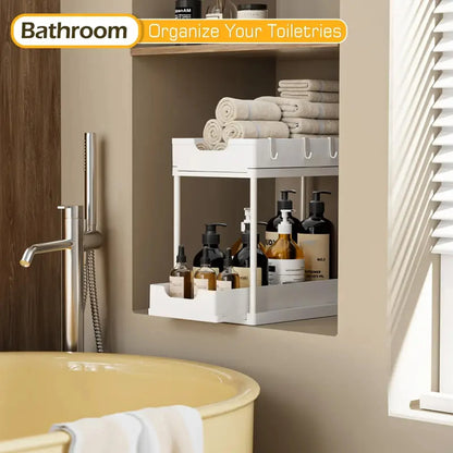 Under Sink Organizer 2 Tier Pull Out Drawer 5 Hooks Non-Slip Stable Multipurpose Rack for Kitchen & Bathroom