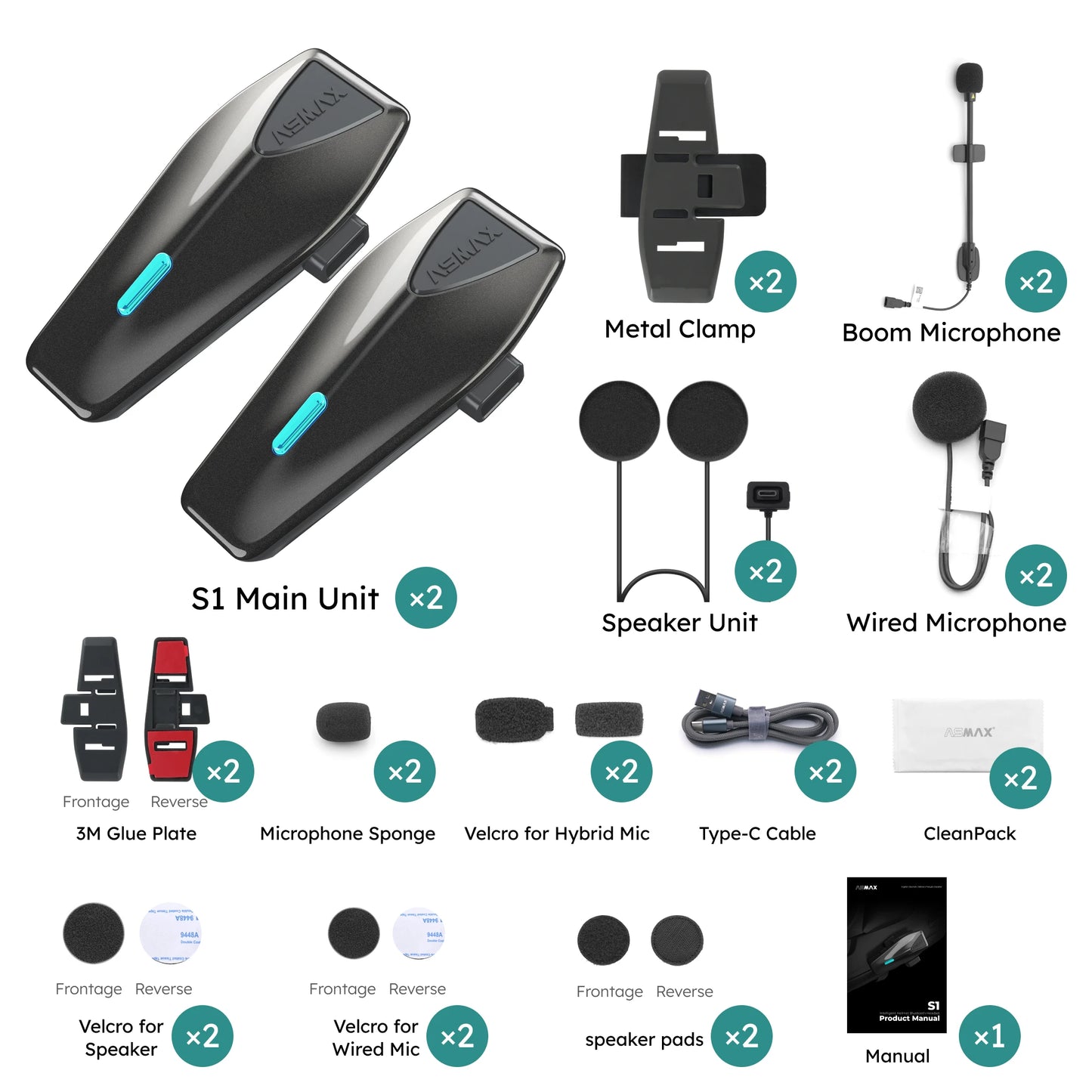 ASMAX S1 Bluetooth Motorcycle Intercom 8 Riders Communication Headset with FM & ENC Mic, Voice Control, IPX7 Waterproof