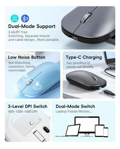 2.4Ghz Bluetooth Wireless Mouse Dual Mode Rechargeable Ergonomic Rechargeable Mice Gaming Mouse for PC/Laptop/Macbook