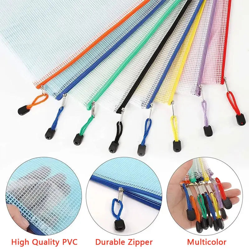 5PCS A3/A4/A5/A6 Mesh Zipper Pouch Document Bag Waterproof Zip File Folders Pencil Case Storage Bags School Office Supplies