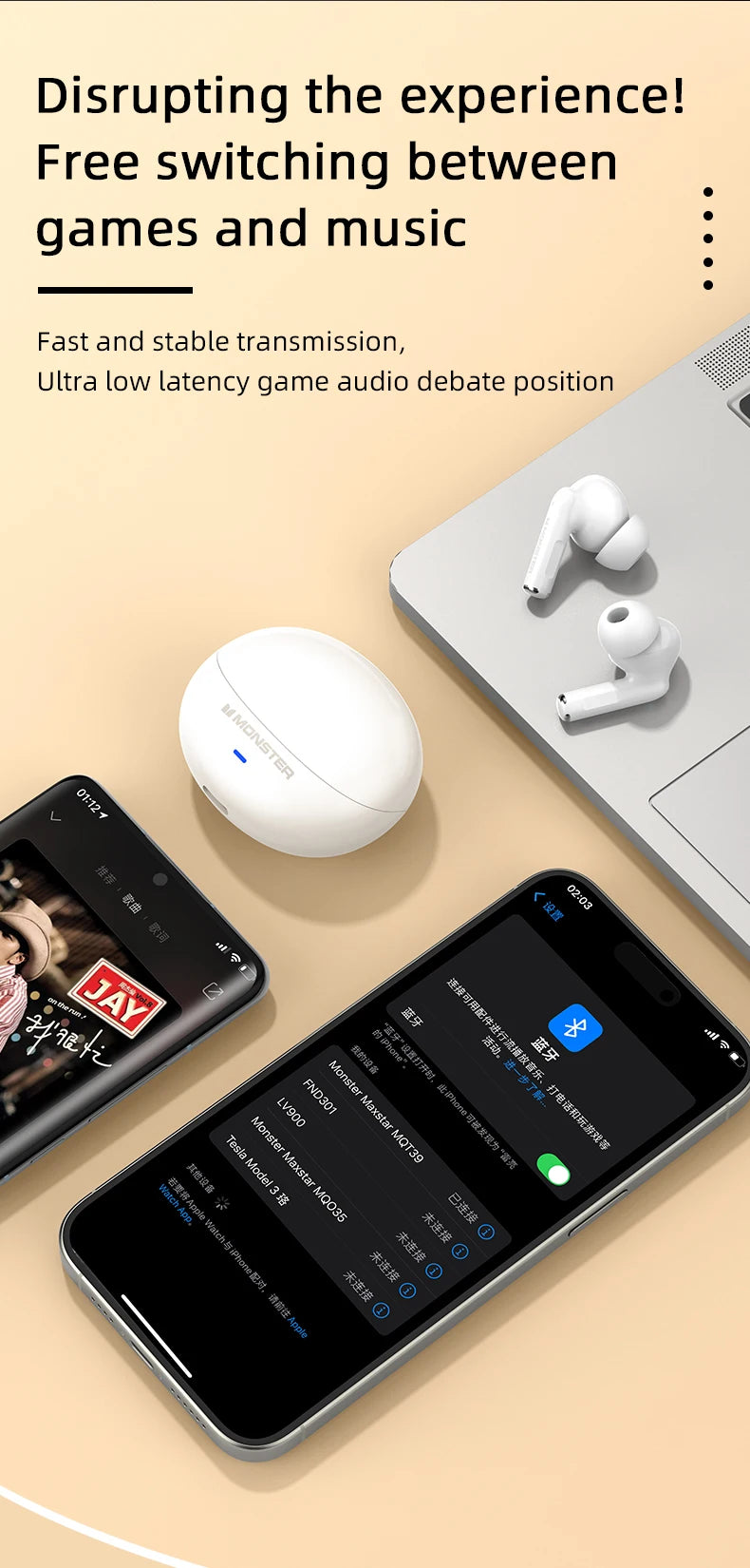 Monster MQT39 Gaming Earphone Ture Wireless Bluetooth 6.0 Headphones Low Latency Noise Reduction Earbuds Headset With Mic New