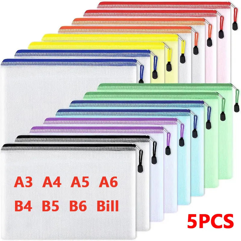 5PCS A3/A4/A5/A6 Mesh Zipper Pouch Document Bag Waterproof Zip File Folders Pencil Case Storage Bags School Office Supplies