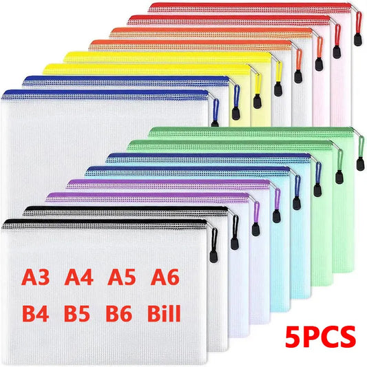 5PCS A3/A4/A5/A6 Mesh Zipper Pouch Document Bag Waterproof Zip File Folders Pencil Case Storage Bags School Office Supplies