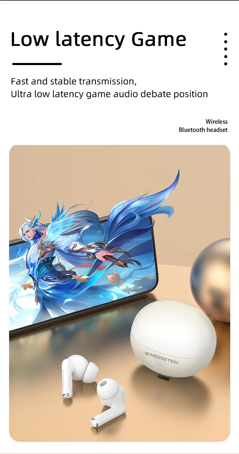 Monster MQT39 Wireless Bluetooth 6.0 Earphones TWS Hifi Stereo Headphones Noise Reduction Gaming Earbuds Sports Headset With Mic