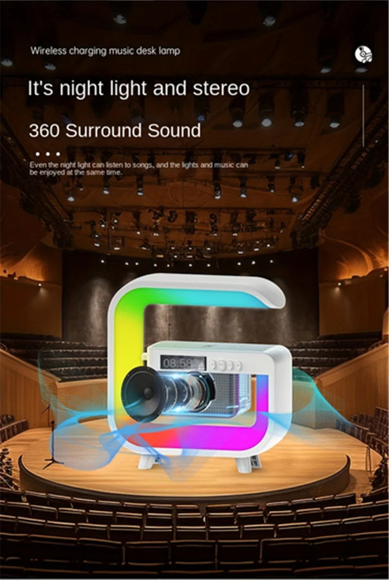 FM TF Bluetooth Speaker Phone Wireless Charger RGB Light for iPhone 16~12 Samsung Xiaomi Fast Charging Home Portable Speakers