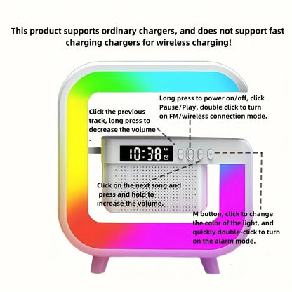FM TF Bluetooth Speaker Phone Wireless Charger RGB Light for iPhone 16~12 Samsung Xiaomi Fast Charging Home Portable Speakers