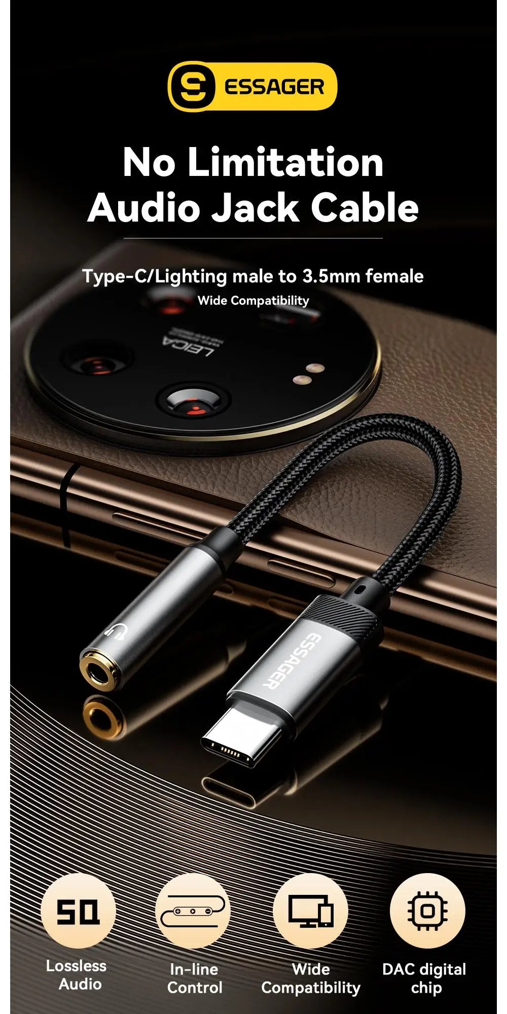 Essager Lightning to 3.5mm jack Audio Adapter Headphone Aux Cable USB Type C to 3.5 Adapter OTG Type C For iphone Xiaomi Oneplus