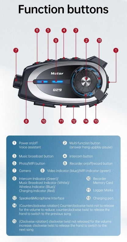Q29 Motorcycle Helmet Headset Recorder 1080P HD Wireless Communicator Moto Dash Camera Wide-angle Waterproof WiFi Video Recorder
