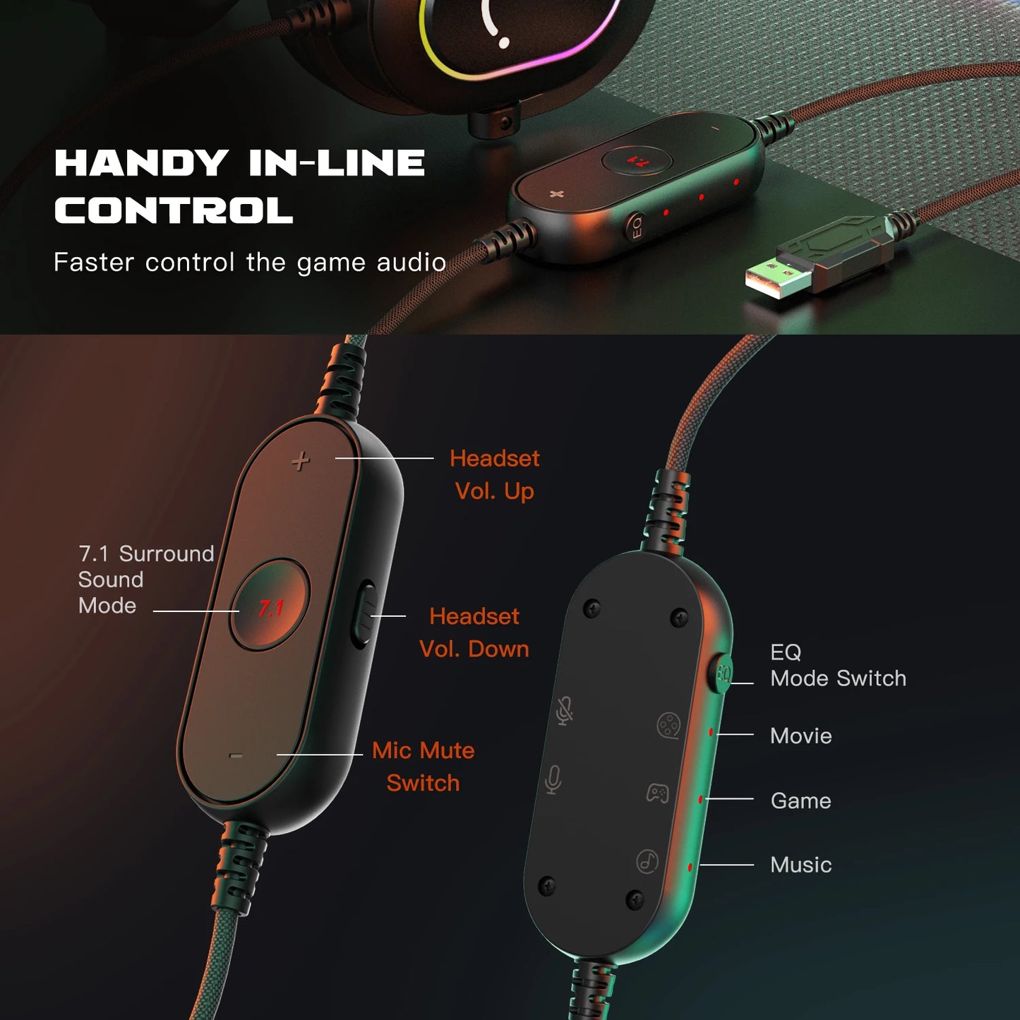 FIFINE USB Gaming Headset with 7.1 Surround Sound/Line Control/3EQ Mode,RGB Headphone with Mic,Plug and Play,for PC/PS5 -H6