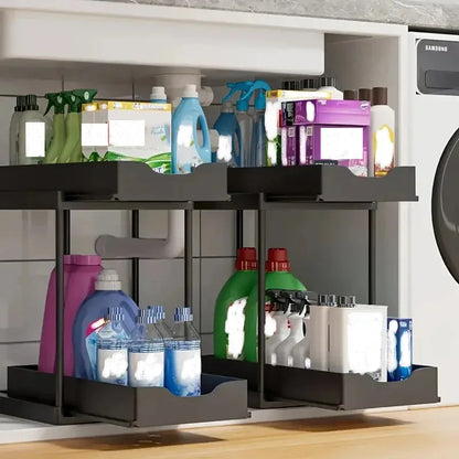 Under Sink Organizer 2 Tier Pull Out Drawer 5 Hooks Non-Slip Stable Multipurpose Rack for Kitchen & Bathroom
