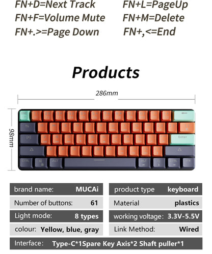 MUCAI MKA610 USB Mini Mechanical Gaming Wired Keyboard Red Switch 61 Key Gamer for Computer PC Laptop Detachable Cable