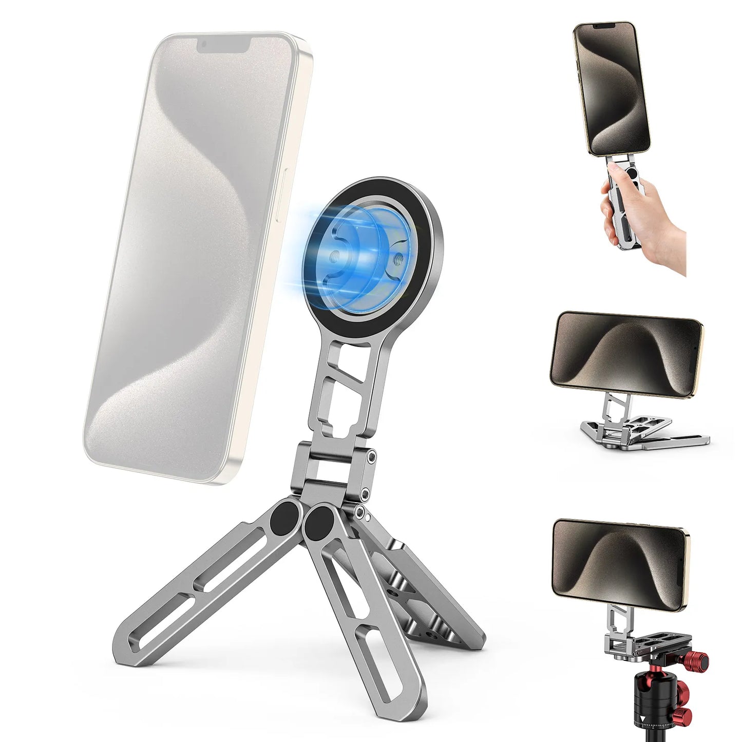 for Magsafe Tripod Magnetic Phone Holder for iPhone HUAWEI Foldable Desktop Phone Mount w/ Arca-Swiss Cold Shoe for Phone Vlog