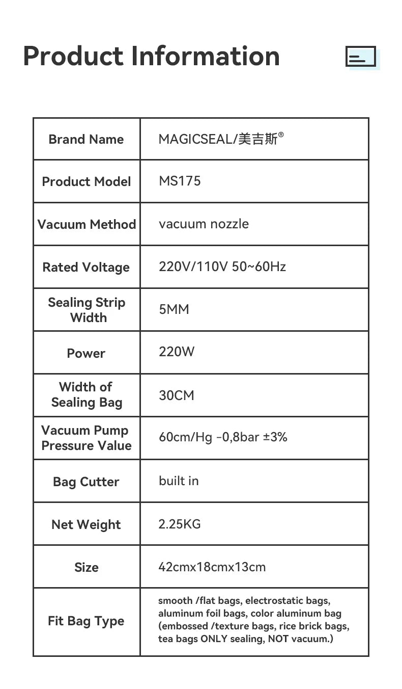 Vacuum Packaging Machine MAGIC SEAL MS175 for Food Plastic Bags Sealer Sealing Machine Mylar Bags Kitchen Packer Automatic Manua