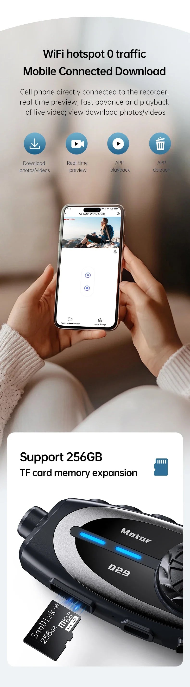 Q29 Motorcycle Helmet Headset Recorder 1080P HD Wireless Communicator Moto Dash Camera Wide-angle Waterproof WiFi Video Recorder