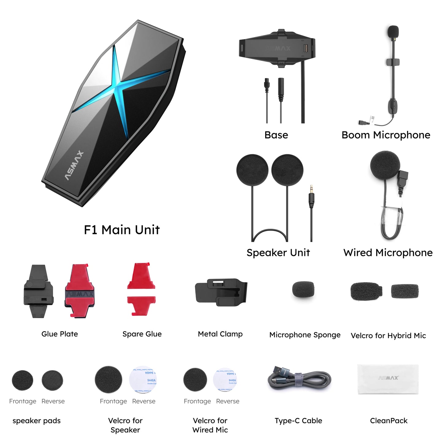 ASMAX F1 Bluetooth Motorcycle Intercom 10-Rider Group Communication, Voice Command, IP67 Waterproof, Hi-Fi Speakers, BT 5.3