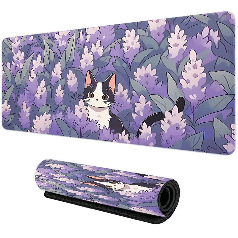 Cute Cat in Lavender Mouse Pad Large Computer Office Game Table Mat XXL Rubber Anti-slip Gaming Keyboard Mousepad Long Desk Pads