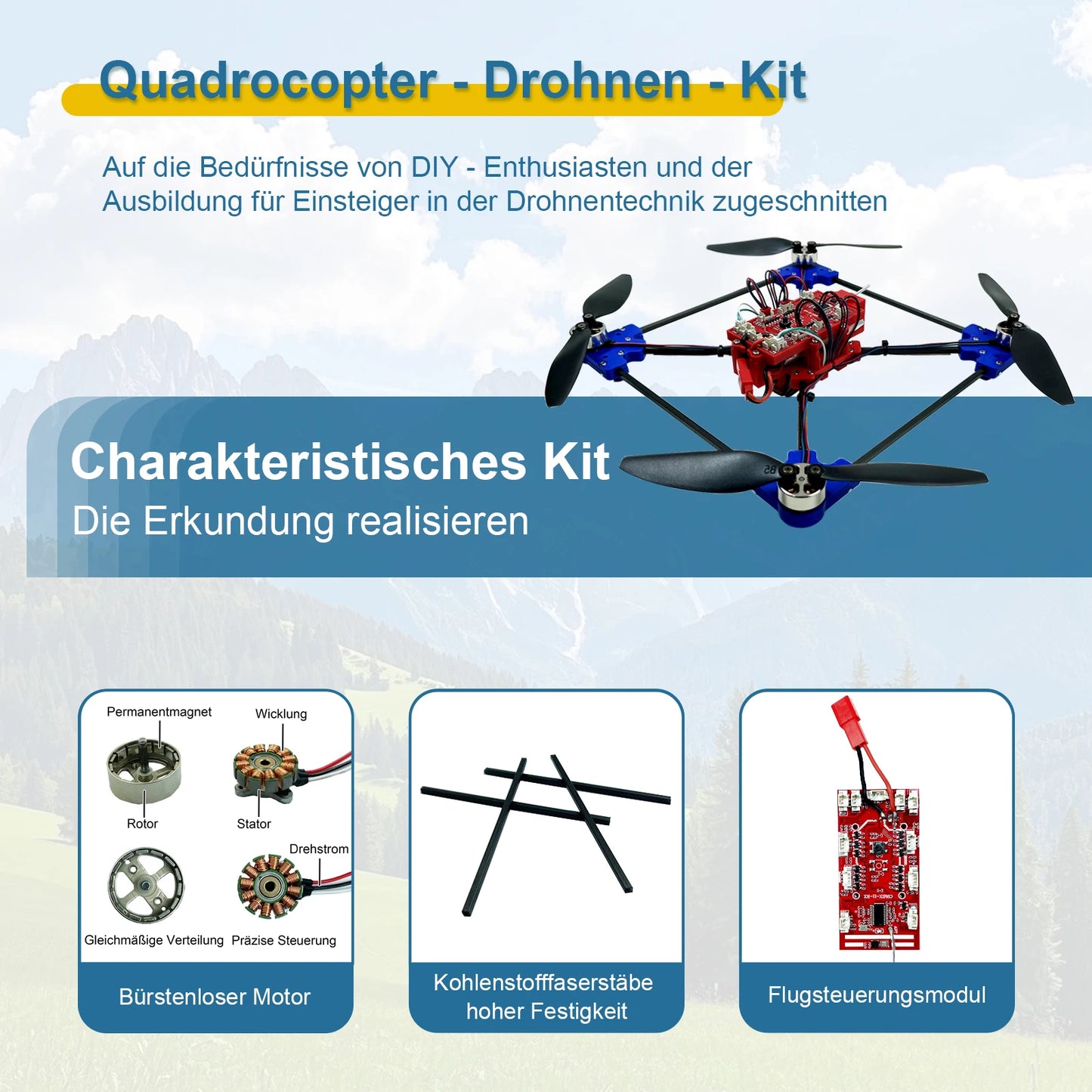 Quadrotor drone DIY kit: A unique STEM project with brushless motor, optical flow floating, one-click Start and