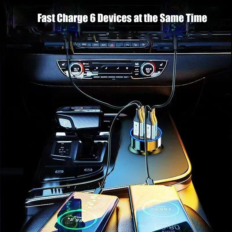 UYUXIO USB C Car Charger Adapter with Voltage Display 6 in 1 Super Fast in Car for iPhone 16 15 Pro Max Samsung Android Phone