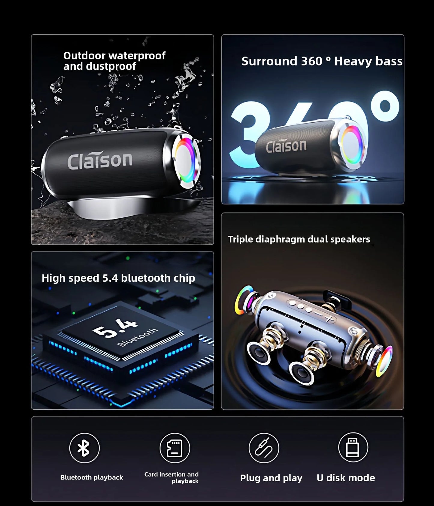 Portable Waterproof Bluetooth Speaker with Bass Stereo Sound LED Light Wireless Outdoor Speaker