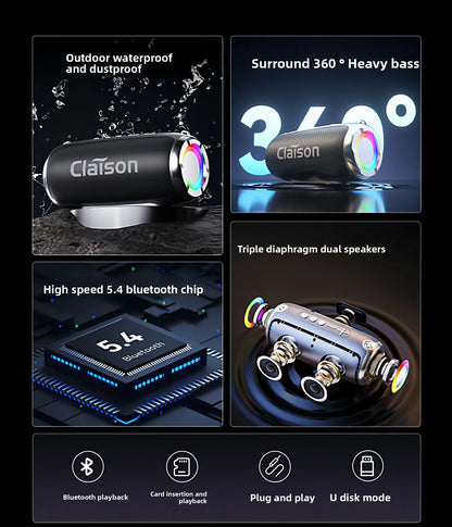 Portable Waterproof Bluetooth Speaker with Bass Stereo Sound LED Light Wireless Outdoor Speaker