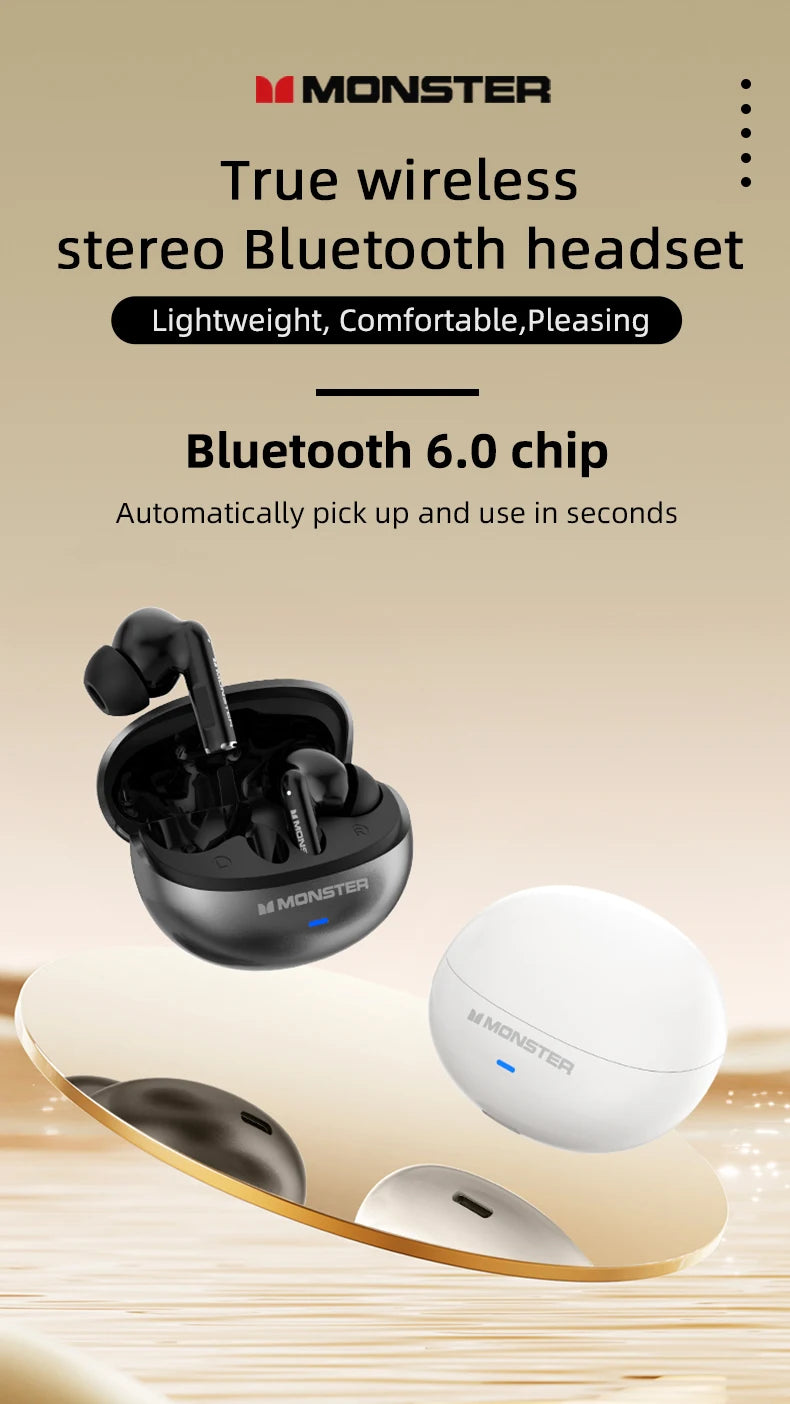 Monster MQT39 Wireless Bluetooth 6.0 Earphones TWS Hifi Stereo Headphones Noise Reduction Gaming Earbuds Sports Headset With Mic