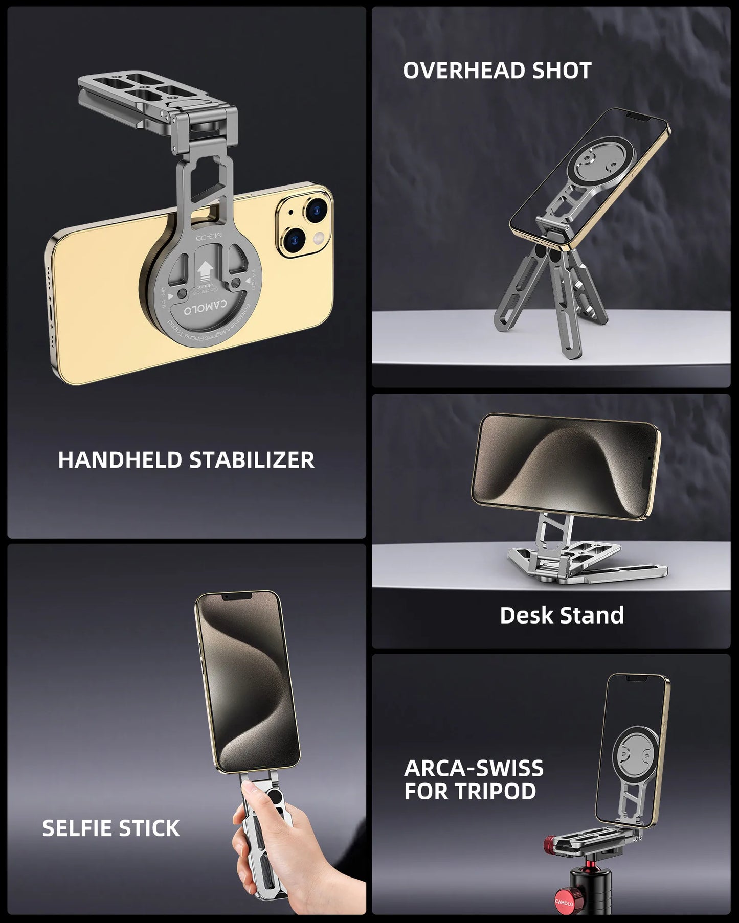 for Magsafe Tripod Magnetic Phone Holder for iPhone HUAWEI Foldable Desktop Phone Mount w/ Arca-Swiss Cold Shoe for Phone Vlog