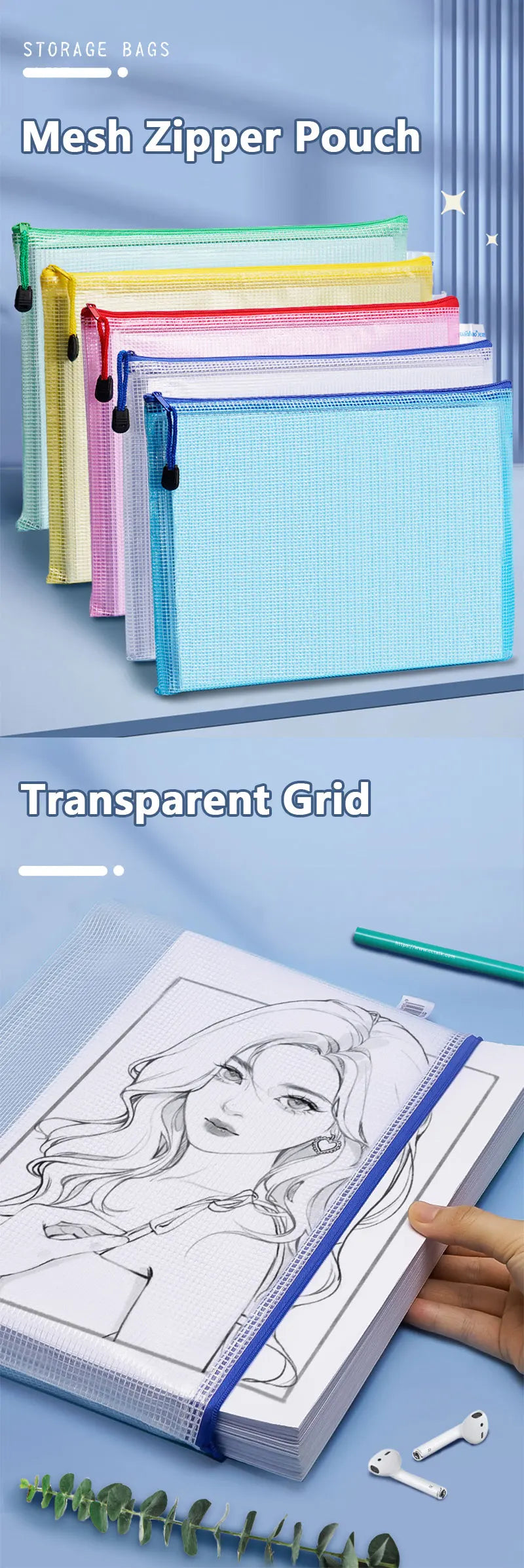 5PCS A3/A4/A5/A6 Mesh Zipper Pouch Document Bag Waterproof Zip File Folders Pencil Case Storage Bags School Office Supplies