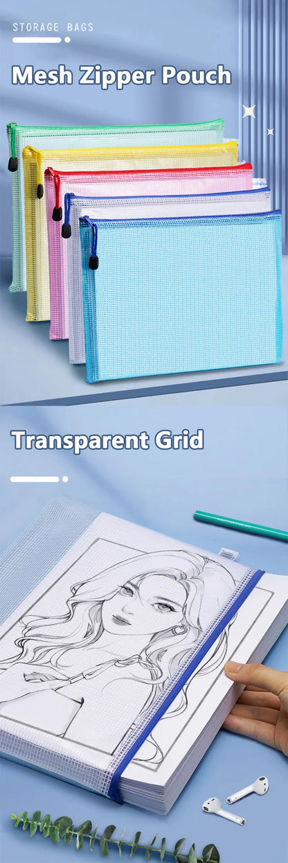 5PCS A3/A4/A5/A6 Mesh Zipper Pouch Document Bag Waterproof Zip File Folders Pencil Case Storage Bags School Office Supplies