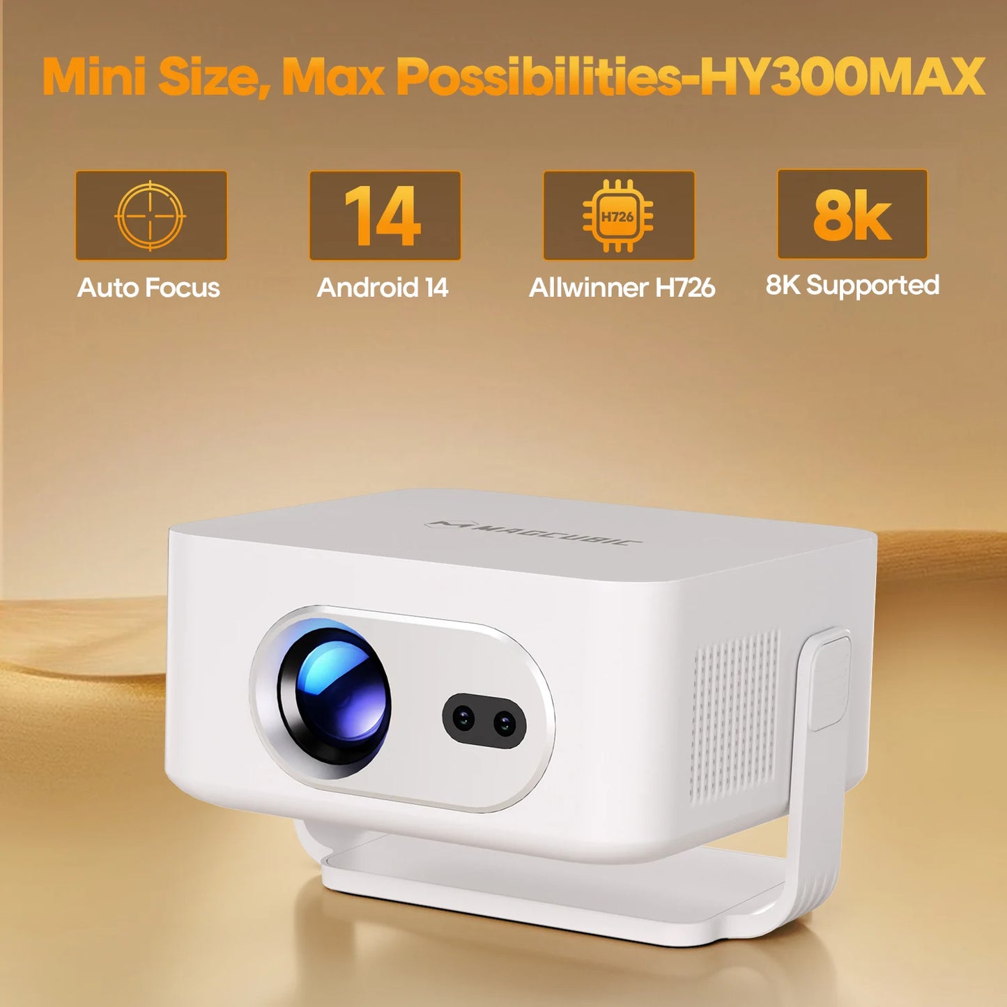 Magcubic Auto Focus Android 14 400ANSI 8K Native 4K Projector 720P HY300Max With Wifi6 BT5.4 Allwinner H726 Portable Outdoor
