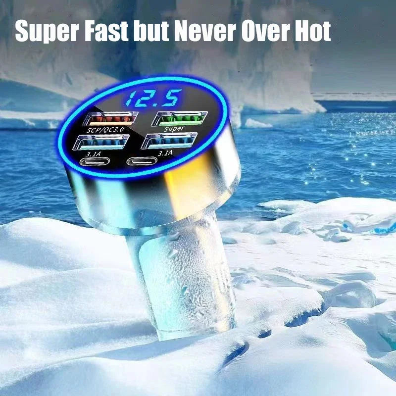 UYUXIO USB C Car Charger Adapter with Voltage Display 6 in 1 Super Fast in Car for iPhone 16 15 Pro Max Samsung Android Phone