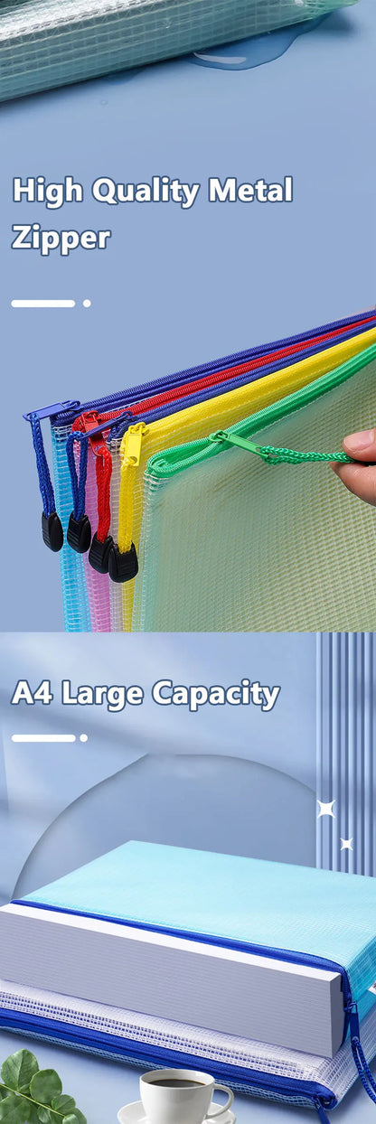 5PCS A3/A4/A5/A6 Mesh Zipper Pouch Document Bag Waterproof Zip File Folders Pencil Case Storage Bags School Office Supplies