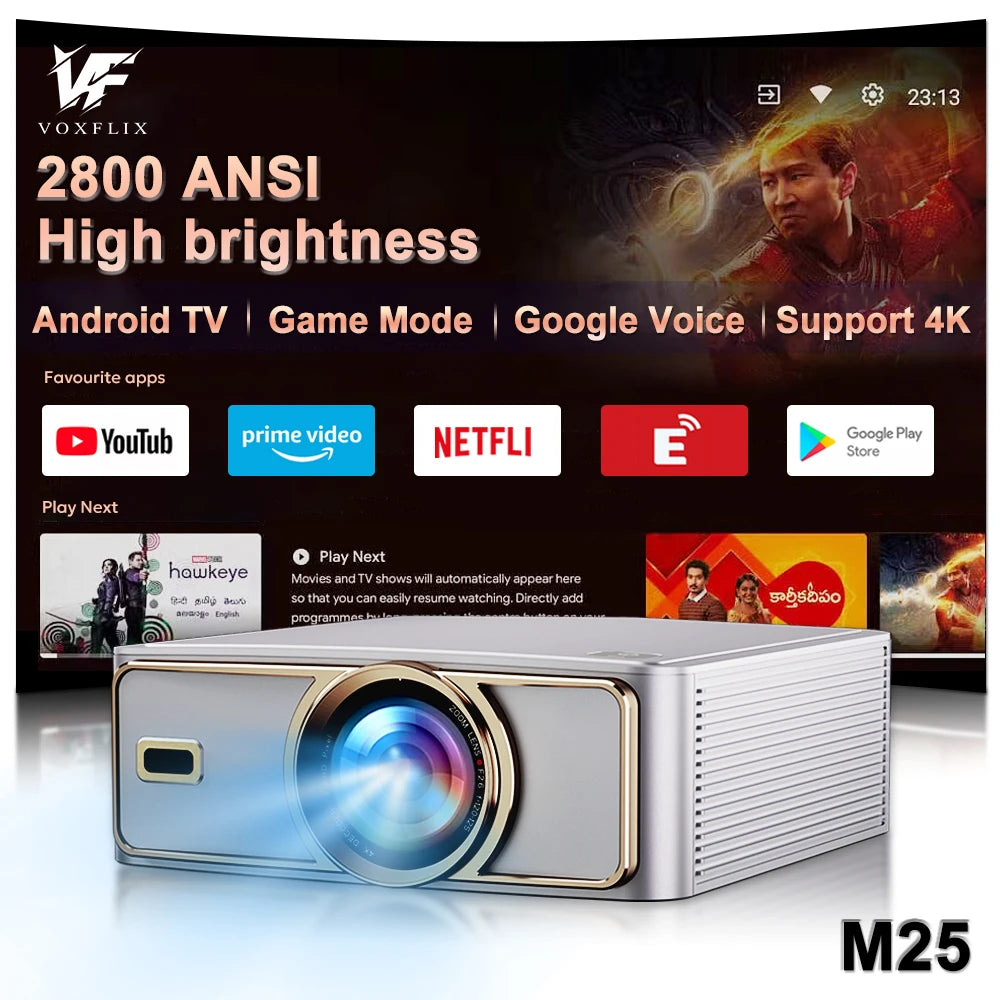 Voxflix M25 Home Cinema 1080P 4K 2800 ANSI Smart Home Projector Android TV 9.0 Game Mode Support voice search Movies Beamer