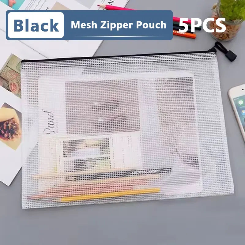 5PCS A3/A4/A5/A6 Mesh Zipper Pouch Document Bag Waterproof Zip File Folders Pencil Case Storage Bags School Office Supplies