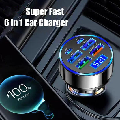 UYUXIO USB C Car Charger Adapter with Voltage Display 6 in 1 Super Fast in Car for iPhone 16 15 Pro Max Samsung Android Phone