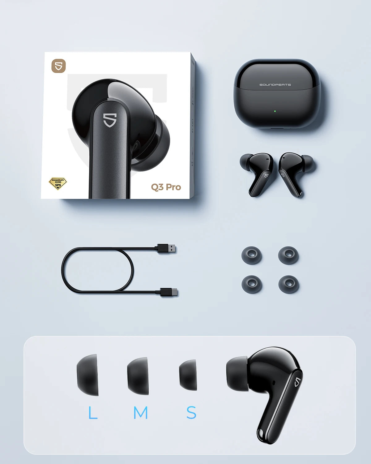 SoundPEATS Q3 pro Wireless Earbuds Active Noise Cancelling Bluetooth V6.0 Earphones with 4 Mic,13mm Driver,Multipoint Connection