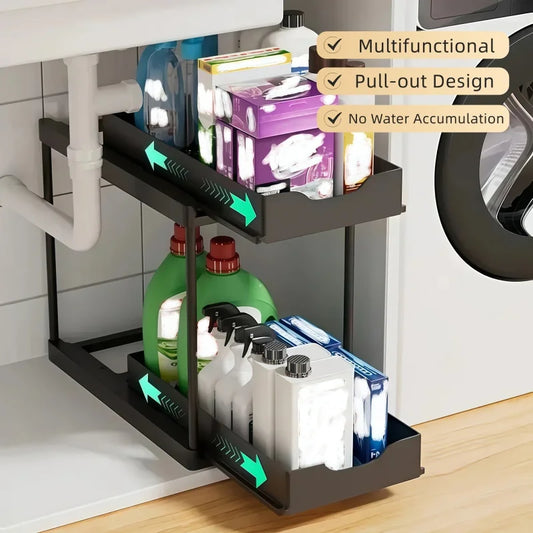 Under Sink Organizer 2 Tier Pull Out Drawer 5 Hooks Non-Slip Stable Multipurpose Rack for Kitchen & Bathroom
